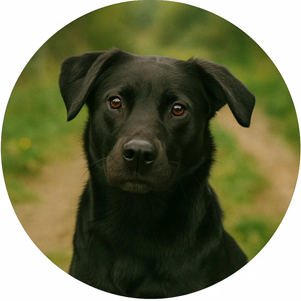Close-up portrait of a black Labrador Retriever mix with amber eyes, sitting outdoors on a nature trail