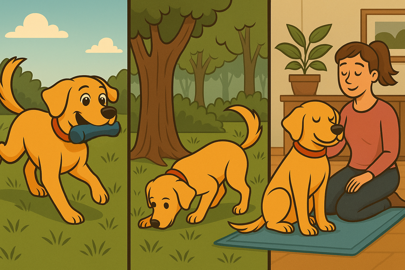 Cartoon-style triptych showing a Yellow Labrador retrieving a toy, sniffing in the forest, and calmly resting with its owner—illustrating how daily fulfillment supports impulse control.