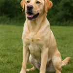 Yellow Labrador Retriever sitting on green grass with a rope toy in front, looking happy and alert