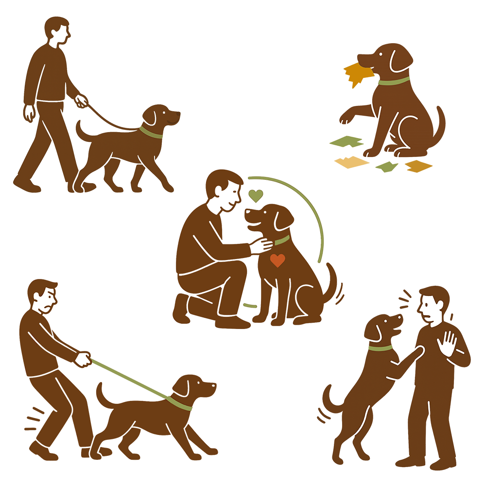 Illustrated guide of Labrador Retriever behaviors for training: walking calmly, pulling, chewing, jumping, and bonding, used in Labrador Retriever Academy courses.