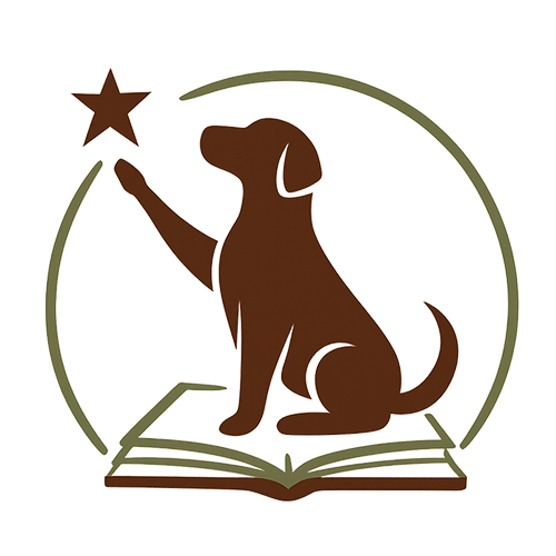 Logo of the Labrador Retriever Academy featuring a Labrador silhouette reaching for a star above an open book