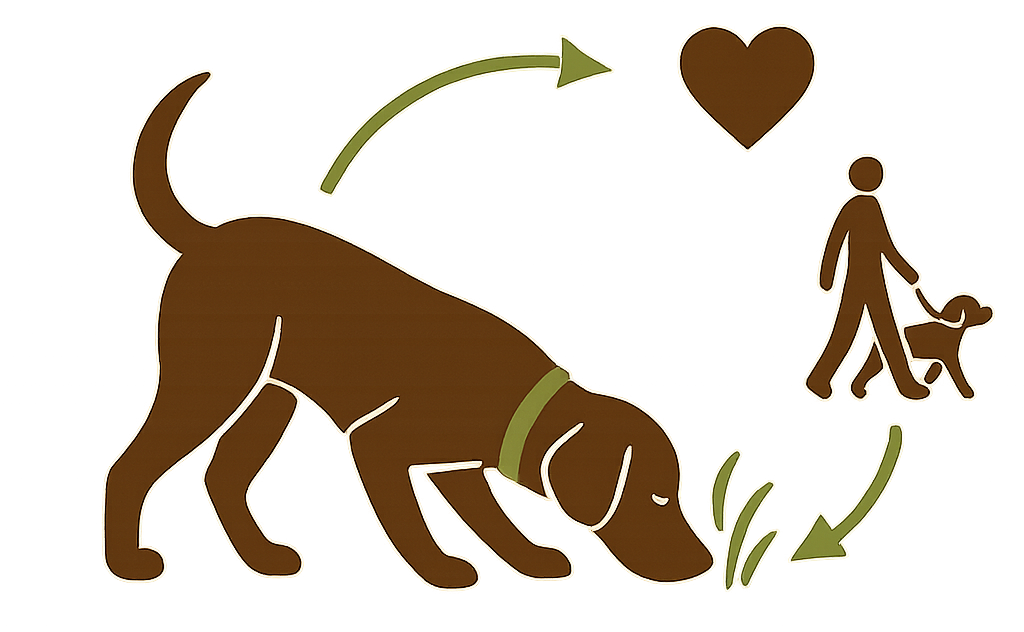 Illustration of a Labrador using its nose to sniff, symbolizing calmness and focus in dog training – includes icons for love, walking, and human-dog connection