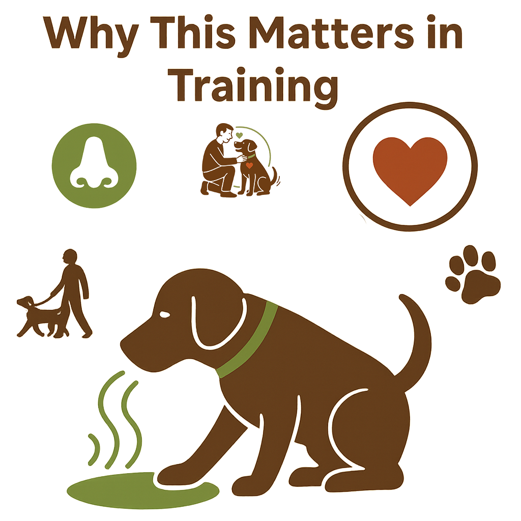 Illustration of a Labrador using its nose to sniff, symbolizing calmness and focus in dog training – includes icons for love, walking, and human-dog connection