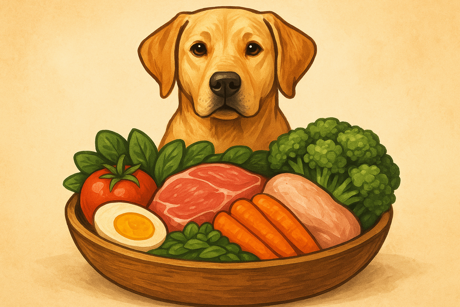 Illustration of a Labrador sitting behind a bowl filled with fresh food, including meat, carrots, broccoli, spinach, and an egg, representing a healthy diet for dogs.