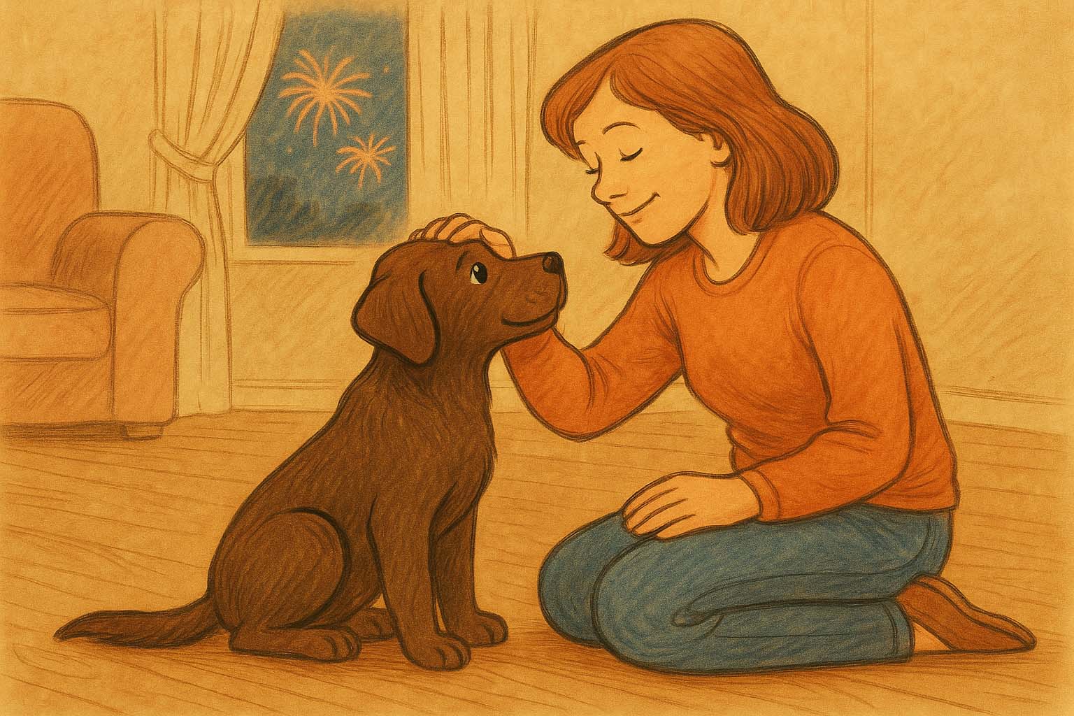 Illustration of a calm woman gently petting her chocolate Labrador puppy while distant fireworks glow outside, showing how a relaxed, steady human presence helps puppies stay confident during loud sounds.