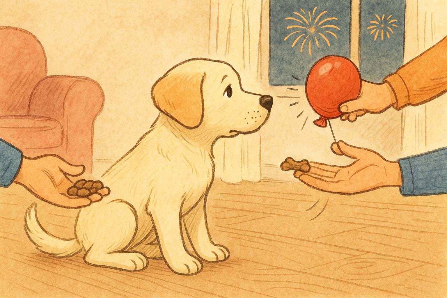 Illustration of a yellow Labrador puppy during sound socialization training, reacting to a balloon pop while receiving treats to build positive associations with noise.