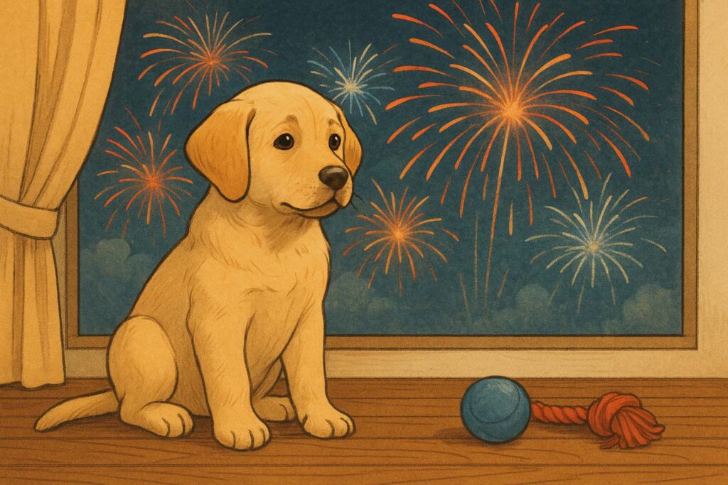 Illustration of a calm Labrador puppy sitting indoors while fireworks light up the night sky outside, used to represent gentle sound desensitization training.