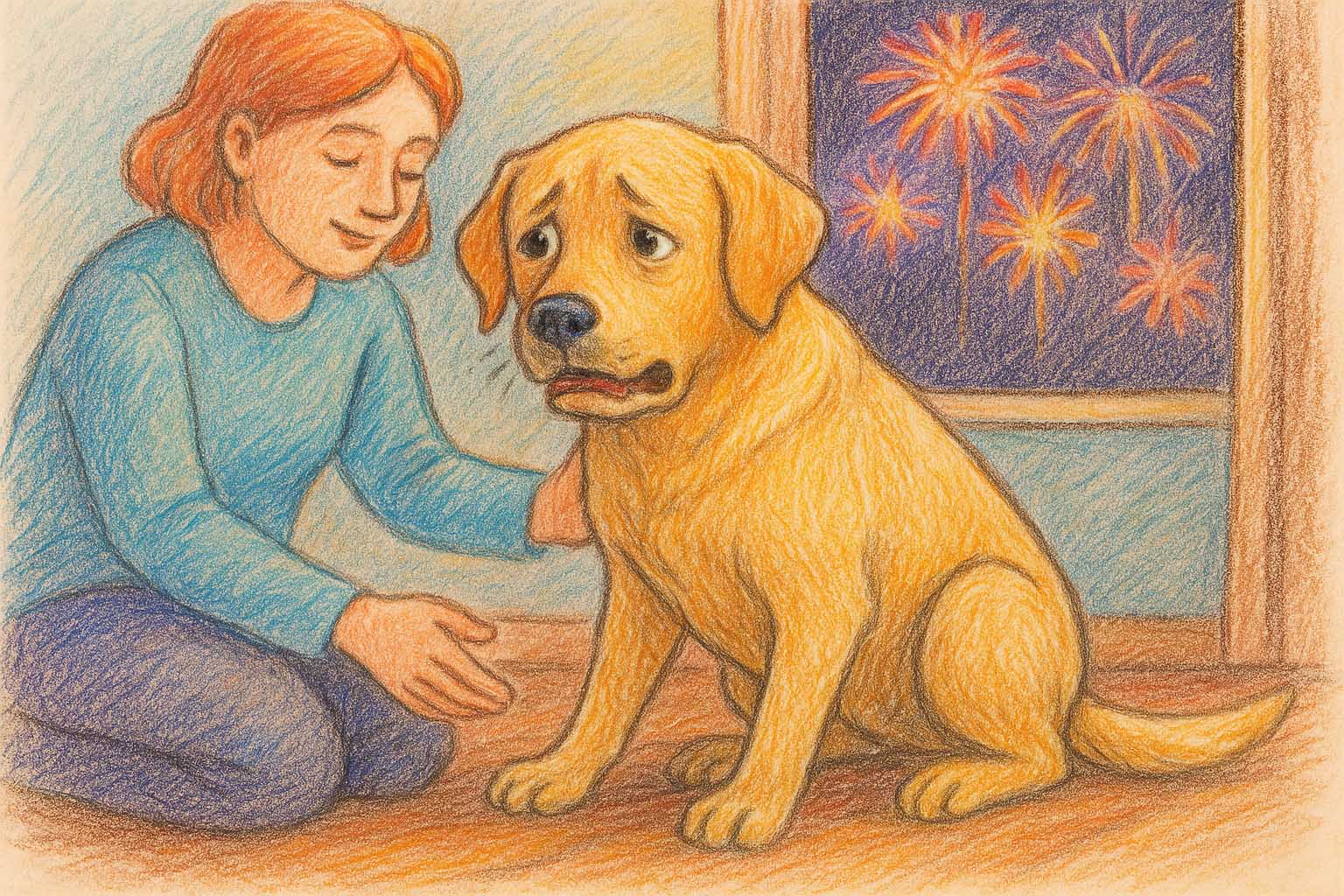 Colored pencil illustration of a worried Labrador Retriever being gently comforted by their owner indoors while fireworks explode outside the window.
