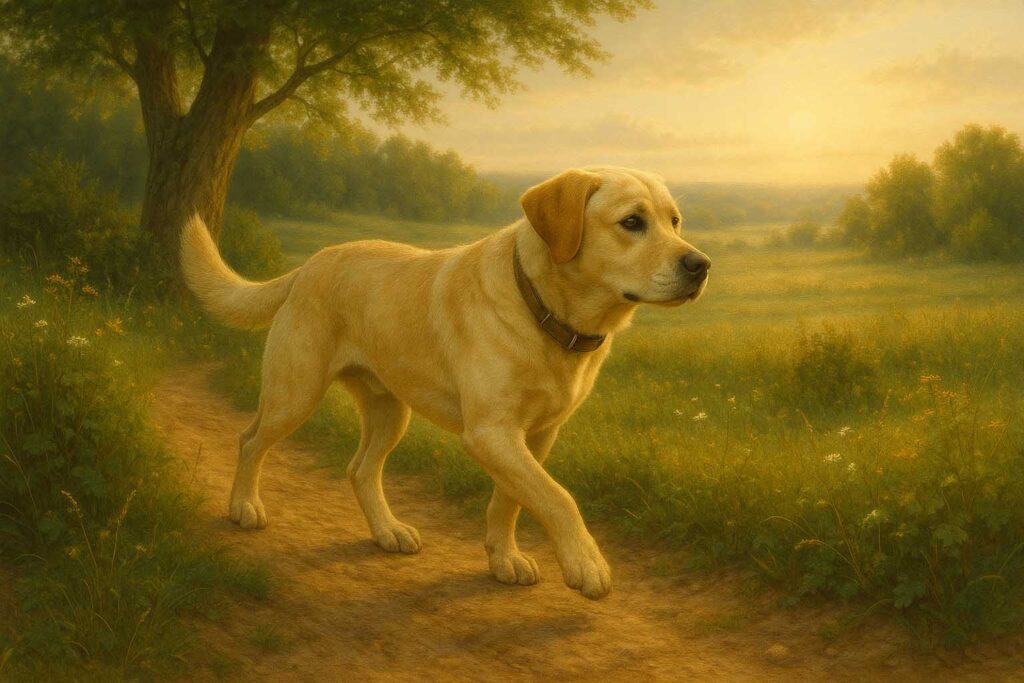 Labrador walking through a peaceful forest at sunrise, representing calmness after a mentally enriched walk.
