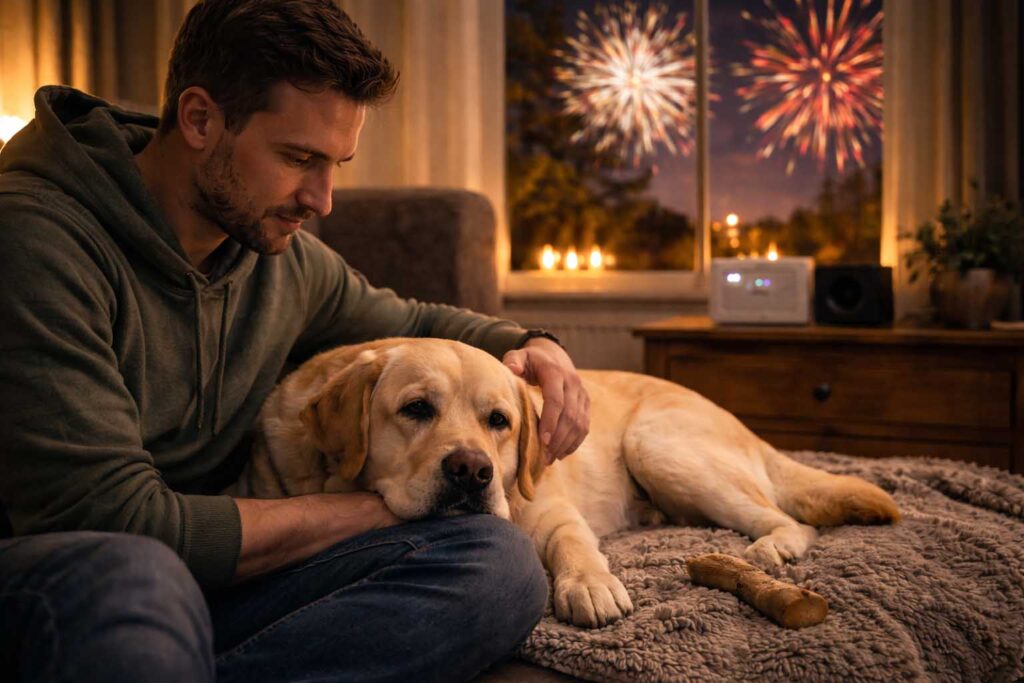 Owner staying close to a Labrador in a cozy room while fireworks light up the window on New Year’s Eve.