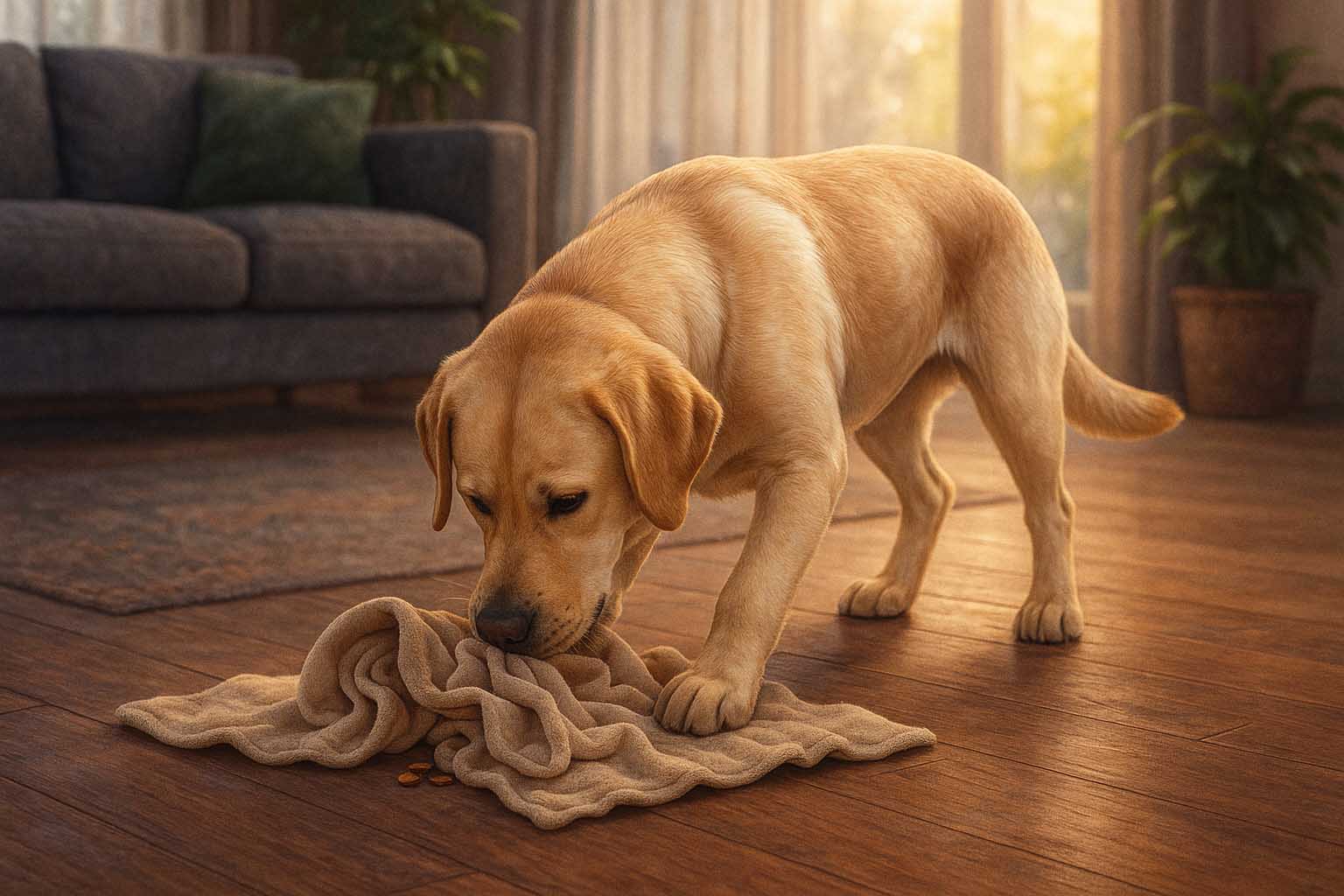 Labrador Retriever using his nose to search for treats hidden inside a towel puzzle toy indoors.