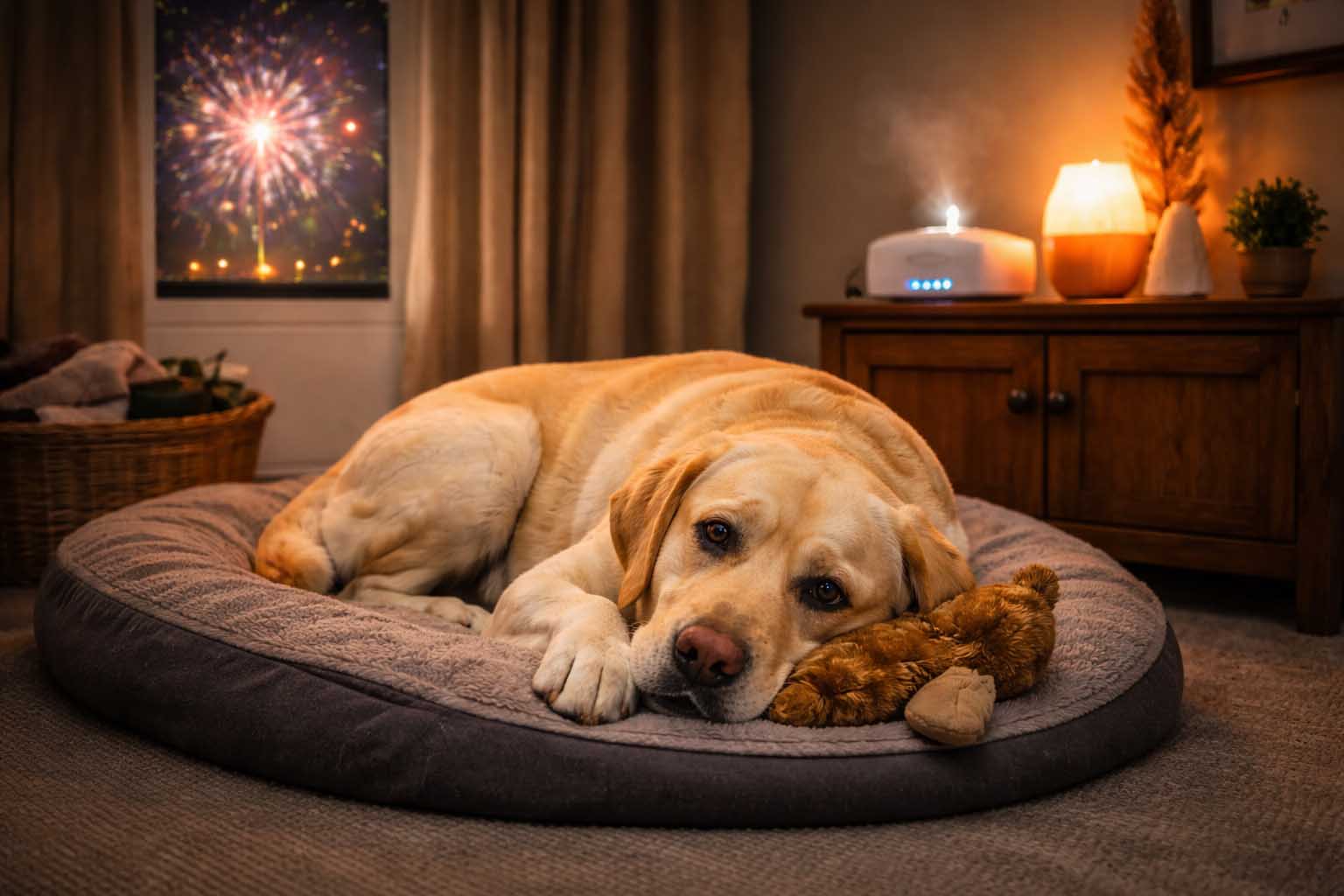 Anxious Labrador lying on a cozy dog bed indoors with a white-noise machine while fireworks burst outside.