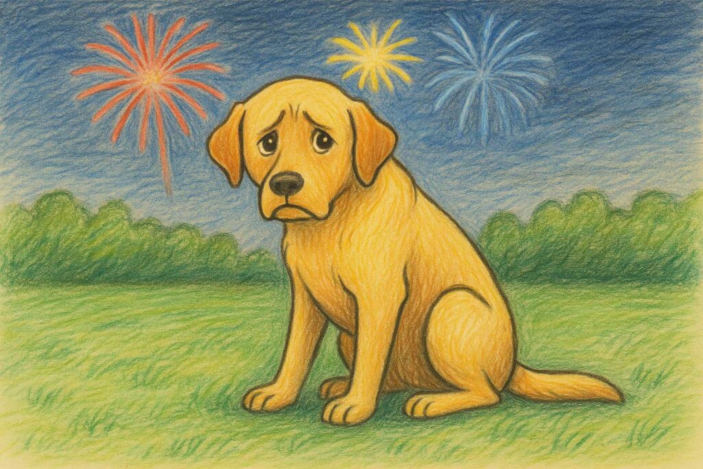 Colored pencil illustration of an anxious Labrador Retriever sitting on the grass under a night sky full of fireworks, showing how overwhelming loud noises can feel for sensitive dogs.
