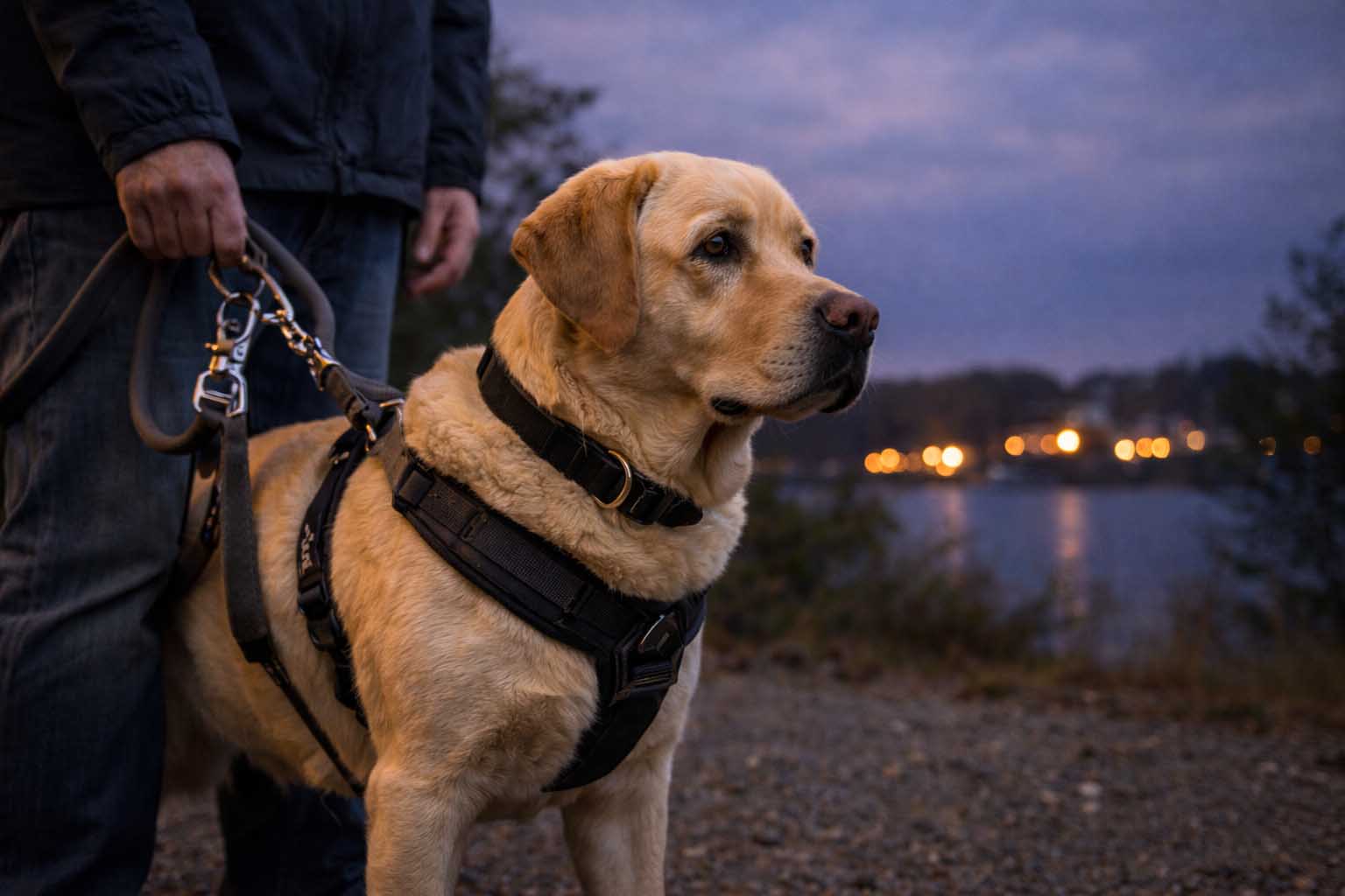 Labrador wearing a secure harness and leash on an early evening walk, staying safe before New Year’s fireworks start.