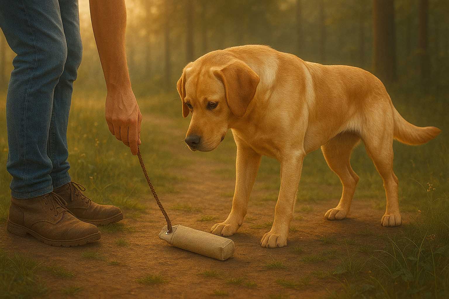 Labrador Retriever sniffing the forest ground while the owner guides him during an enriched walk.