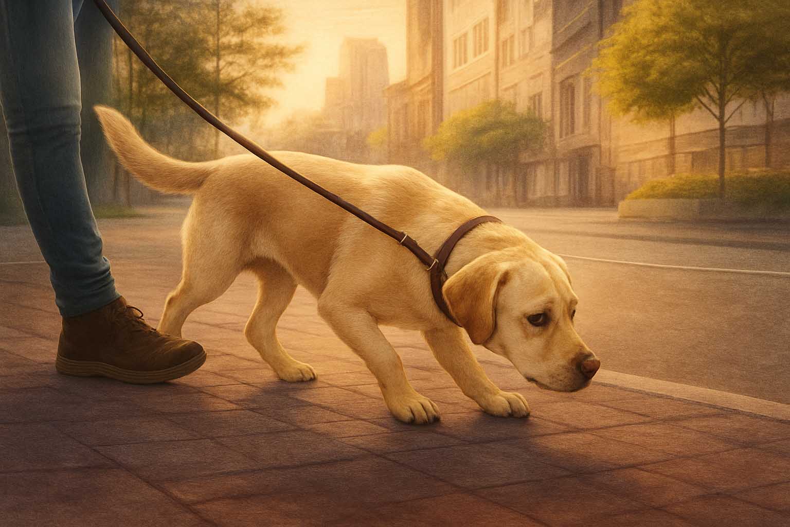 Labrador pulling on a leash while sniffing intensely during an urban walk.
