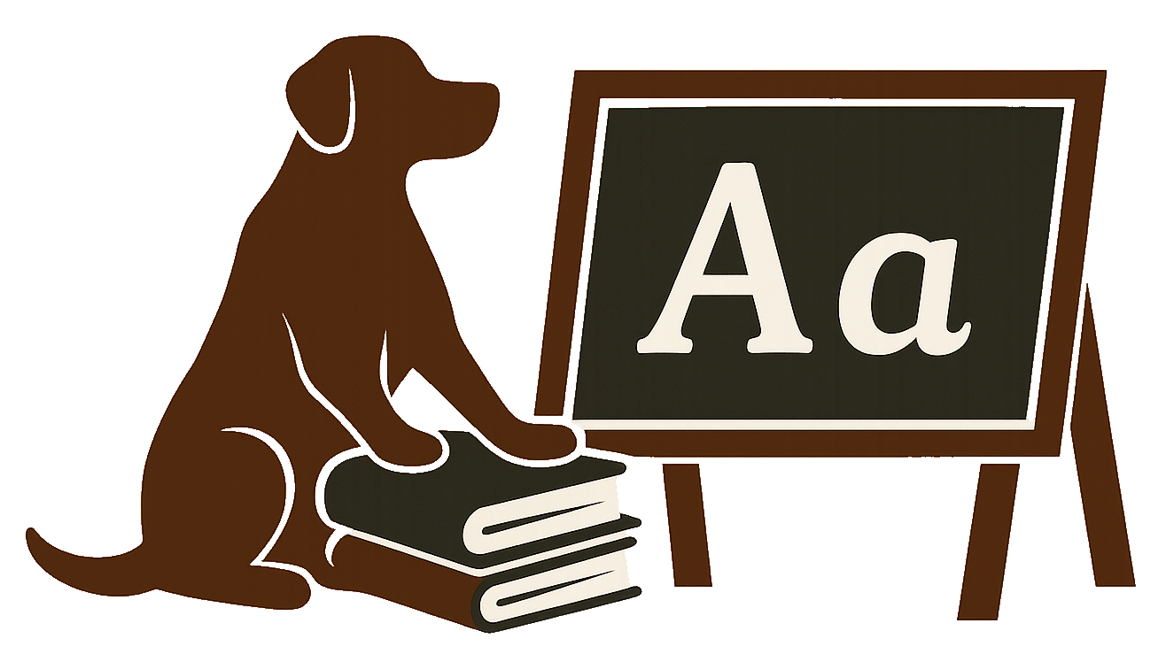 A minimalist vector illustration of a Labrador sitting beside a stack of books and looking at a chalkboard that reads “Aa.” This soft yet professional icon represents the idea that dog training can be rooted in connection and communication, not shouting or struggle. Perfect for the section: “Training That Feels Like Bonding — Not Battling.