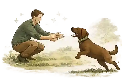 Watercolor illustration of a Labrador Retriever running to his owner in a recall training game.