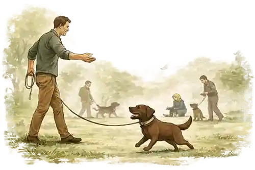 Watercolor illustration of Labrador recall training on a long line in a park with real-life distractions.