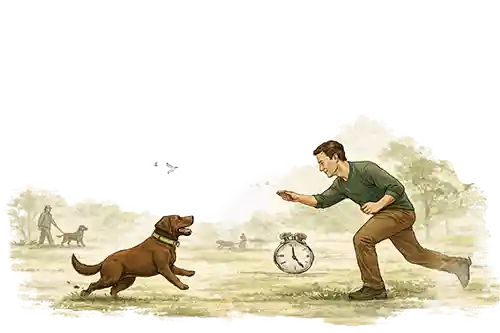 Watercolor illustration of off-leash recall training with a Labrador running back to the handler.