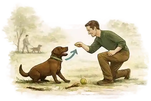 Watercolor illustration of rewarding a Labrador for returning during recall training outdoors.