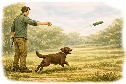 Watercolor illustration of rewarding a Labrador for returning during recall training outdoors.