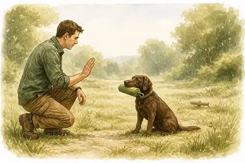 Watercolor illustration of off-leash recall training with a Labrador running back to the handler.
