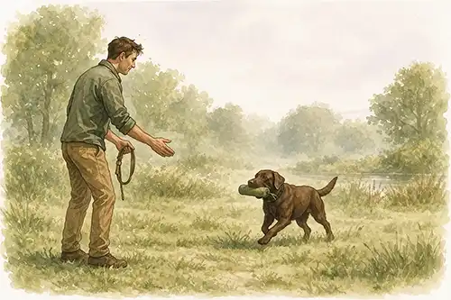 Watercolor illustration of a Labrador Retriever running to his owner in a recall training game.